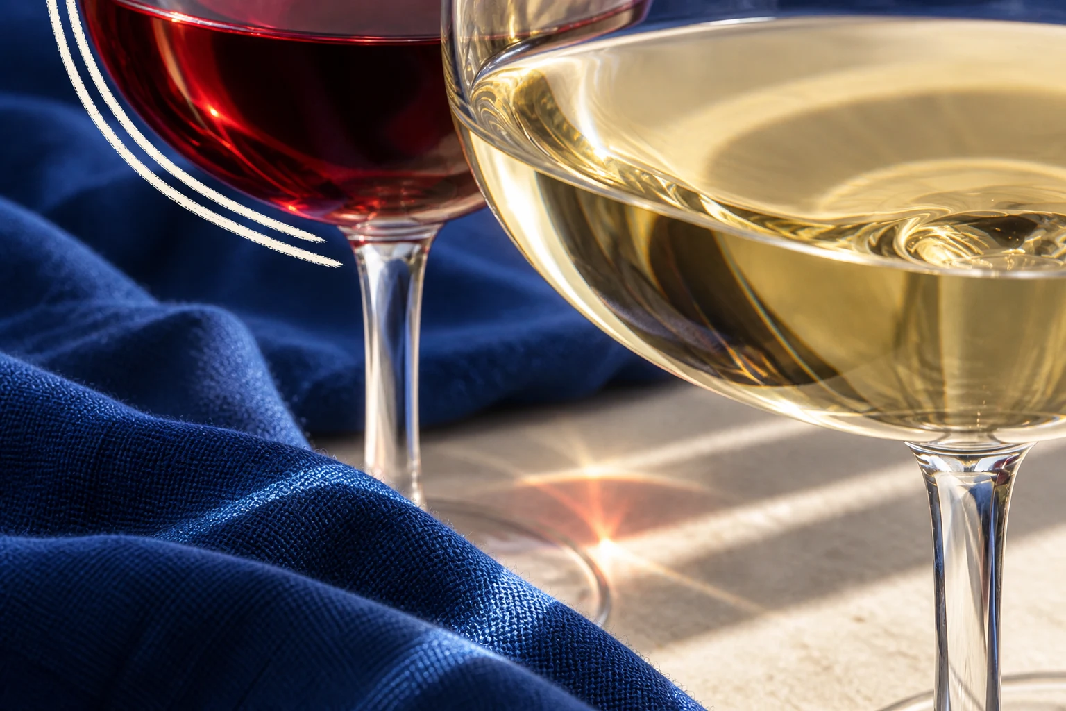 Deux verres de vin sur une table bleue, pour une dégustation au domaine