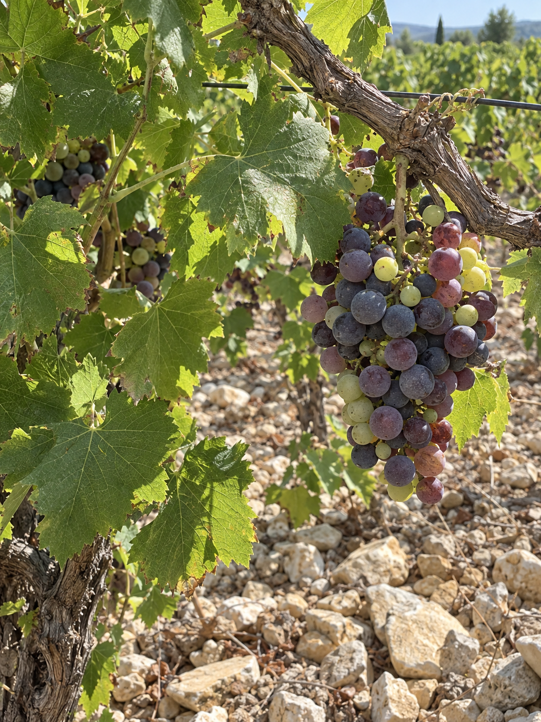 Une grappe en pleine véraison, aux grains verts, roses et violets